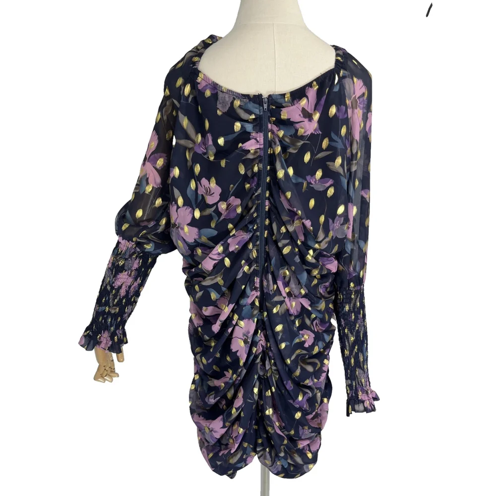Fashion Nova Mini Dress XL Navy Ultimate Choice Metallic‎ Floral Ruched New Sexy
